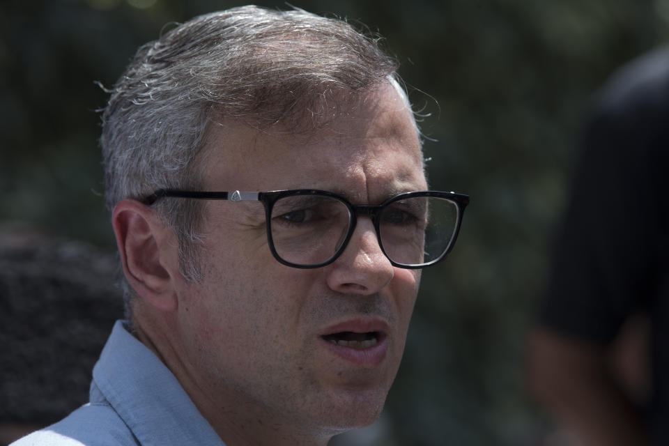 Former Chief Minister of Jammu and Kashmir Omar Abdullah speaks during a press conference in Srinagar, Indian controlled Kashmir, Saturday, Aug. 3, 2019. Abdullah said that the Indian government should give a statement Monday in parliament on the need to end Amarnath Yatra and evacuate tourists in the region. (AP Photo/ Dar Yasin)