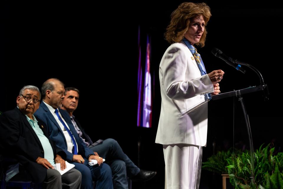 Nueces County Judge Connie Scott delivers the State of the County address with county commissioners, from left, Robert Hernandez, John Marez and Brent Chesney on Friday, May 19, 2023, in Robstown, Texas.