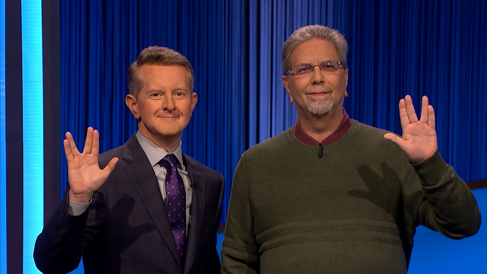 Current 'Jeopardy!' host Ken Jennings, left, and Bessemer City native Gary Hollis posed together in the studio.