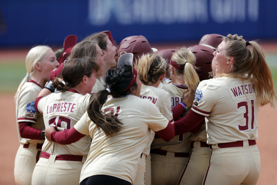Florida State players celebrates after defeating Arizona in an NCAA Women's College World Series softball game on Saturday, June 5, 2021, in Oklahoma City. (AP Photo/Alonzo Adams)