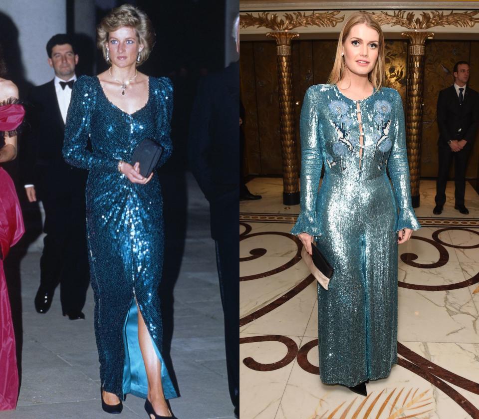 <p><a href="https://www.townandcountrymag.com/society/tradition/g25577889/kate-middleton-princess-diana-dressed-alike/" rel="nofollow noopener" target="_blank" data-ylk="slk:Princess Diana;elm:context_link;itc:0;sec:content-canvas" class="link ">Princess Diana</a> donned a sparkling blue Catherine Walker gown to a charity ball in 1989. Decades later, Lady Kitty Spencer opted for a similar look at the 2017 Walpole British Luxury Awards-albeit in a slightly lighter color.<br></p>