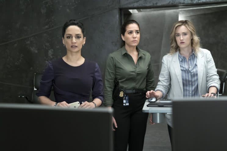 Archie Panjabi as Nas Kamal, Audrey Esparza as Tasha Zapata, Ashley Johnson as Patterson (Credit: Virginia Sherwood/NBC)