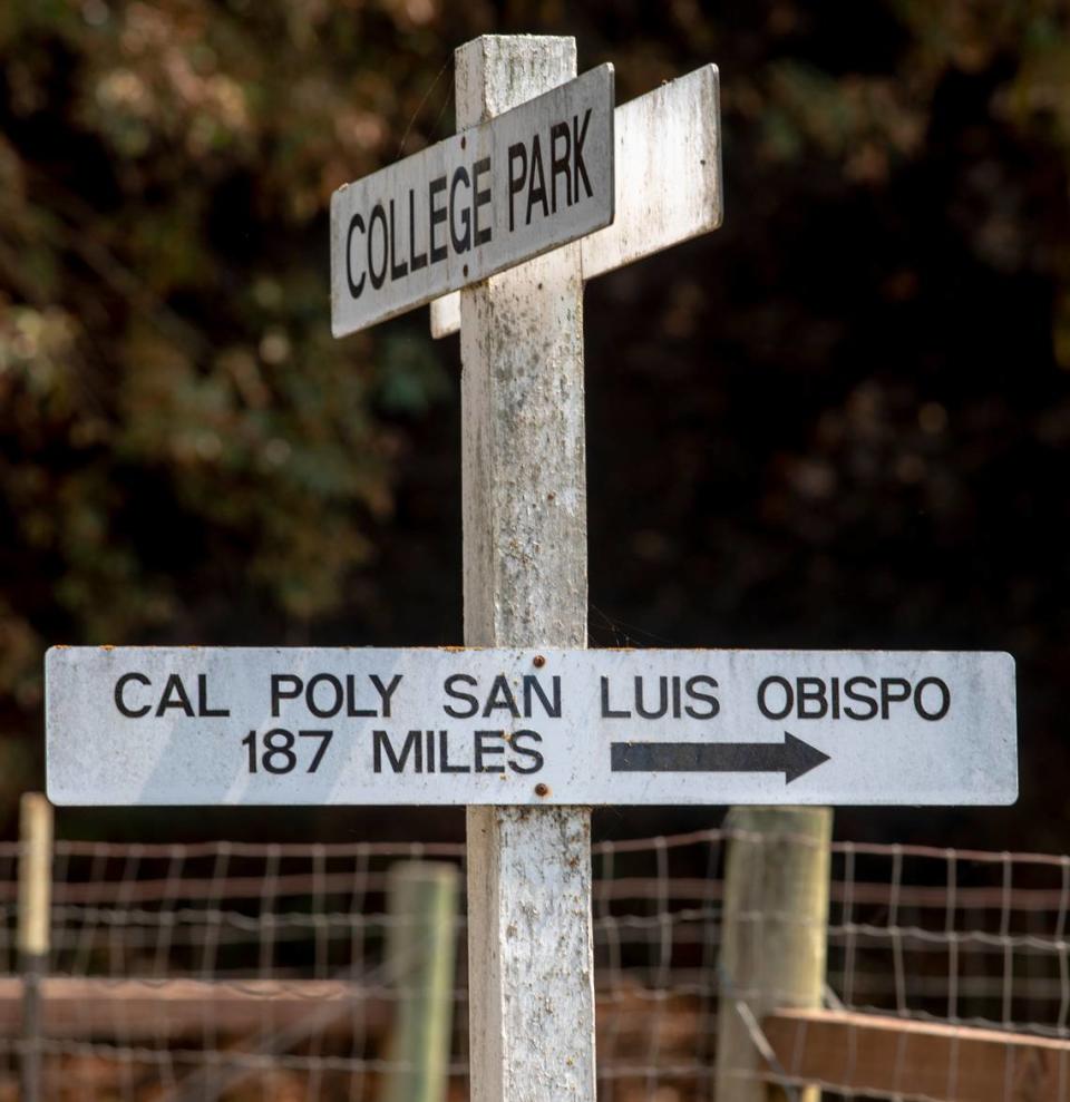 Signs at Swanton Pacific Ranch, indicate the distance to Cal Poly San Luis Obispo, from the school’s property near Davenport, Calif., Monday, August, 24, 2020. Much of it was destroyed by the CZU August Lightning Complex fire.