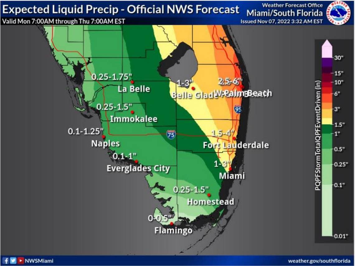 Broward and Palm Beach counties could see the most rain from Subtropical Storm Nicole, but Miami-Dade could still get a couple of inches, according to Monday forecasts.