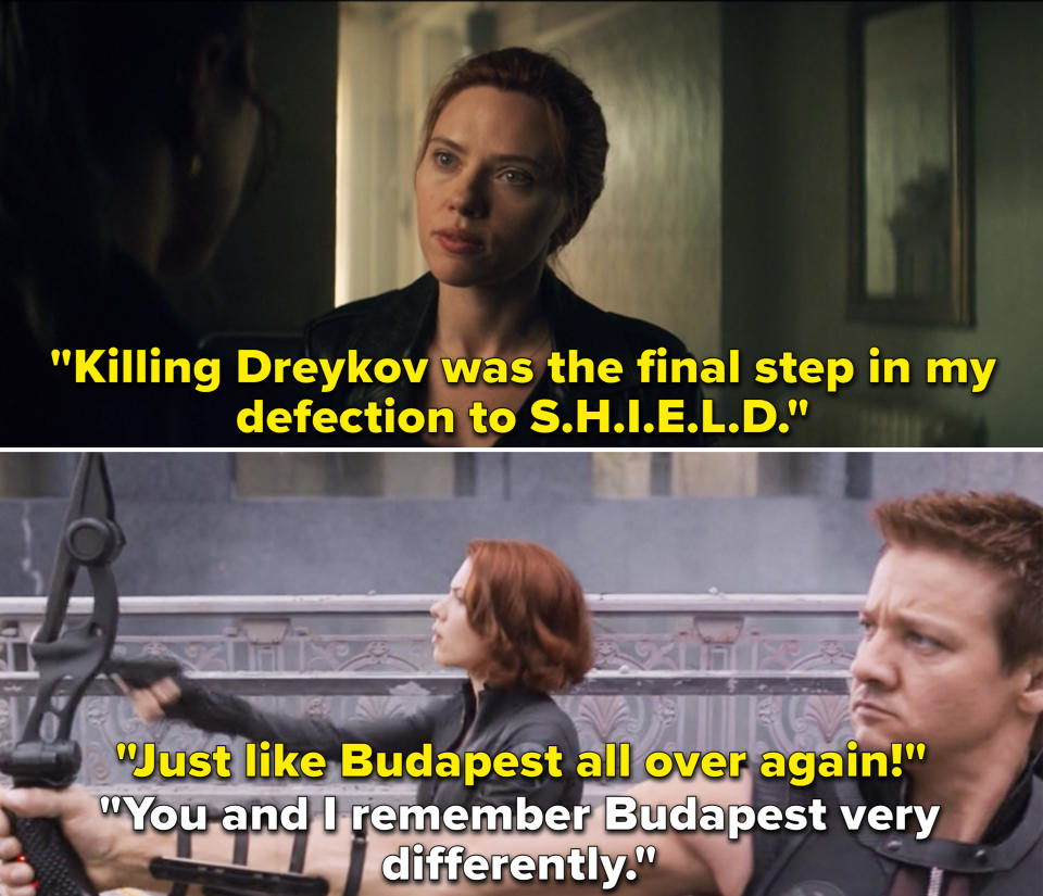 Natasha mentioning Budapest in The Avengers, and Clint saying, "You and I remember Budapest very differently"