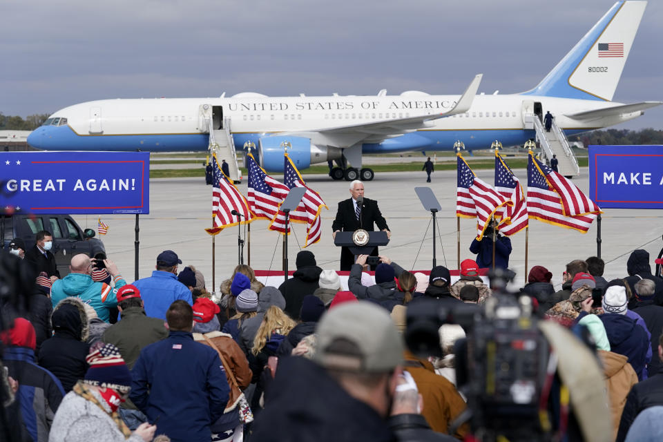 Vice President Mike Pence speaks during an airport rally, Thursday, Oct. 29, 2020, in Des Moines, Iowa. (AP Photo/Charlie Neibergall)