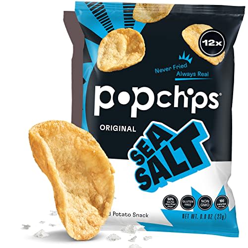 Popchips Potato Chips, Sea Salt, 12ct Single Serve 0.8oz Bags, Low-Calorie and Gluten Free, Salty Snacks for Adults and Children, Non-GMO, Vegan & Kosher Friendly, 100 Calories Per Bag