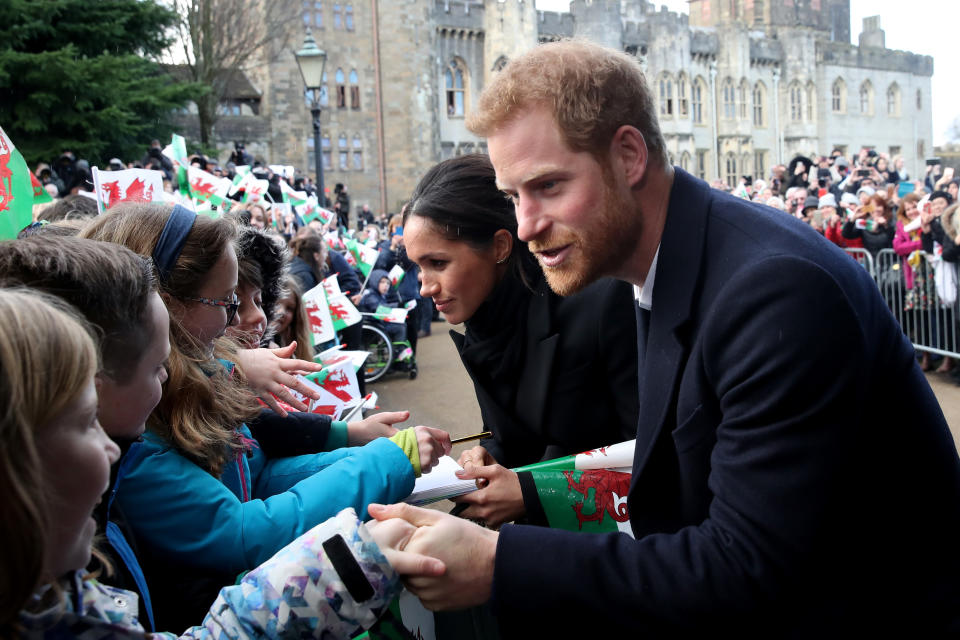 Meghan and Harry regularly shake hands on their public outings. Source: Getty