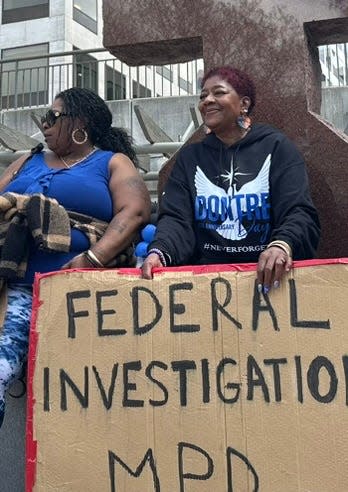 Maria Hamilton, right, and Samaria Rice, after marching through downtown Milwaukee on Saturday to mark the 10th anniversary of the death of Dontre Hamilton. Rice's son, Tamir, was killed by Cleveland police, also in 2014.