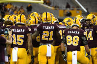 Arizona State University Sun Devils players all have Pat Tillman's name on their jerseys during a game against the Oregon Ducks in memory of the former Sun Devils player at Sun Devil Stadium on October 29, 2015 in Tempe, Arizona. (Photo by Norm Hall/Getty Images)