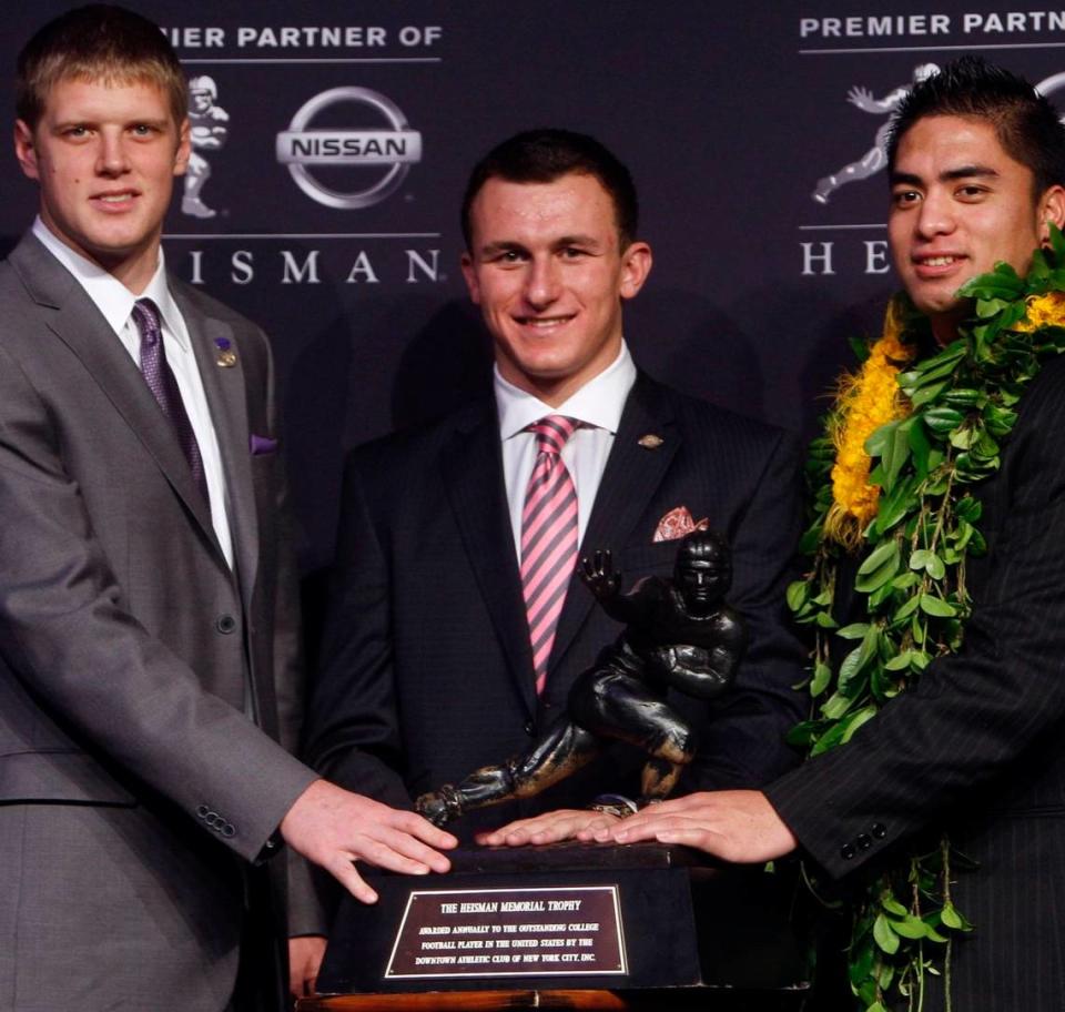 K-State quarterback Collin Klein, left, was a Heisman Trophy finalist as a senior in 2012. The honor that year went to Texas A&M quarterback Johnny Manziel, center. The third finalist was Notre Dame linebacker Manti Te’o.