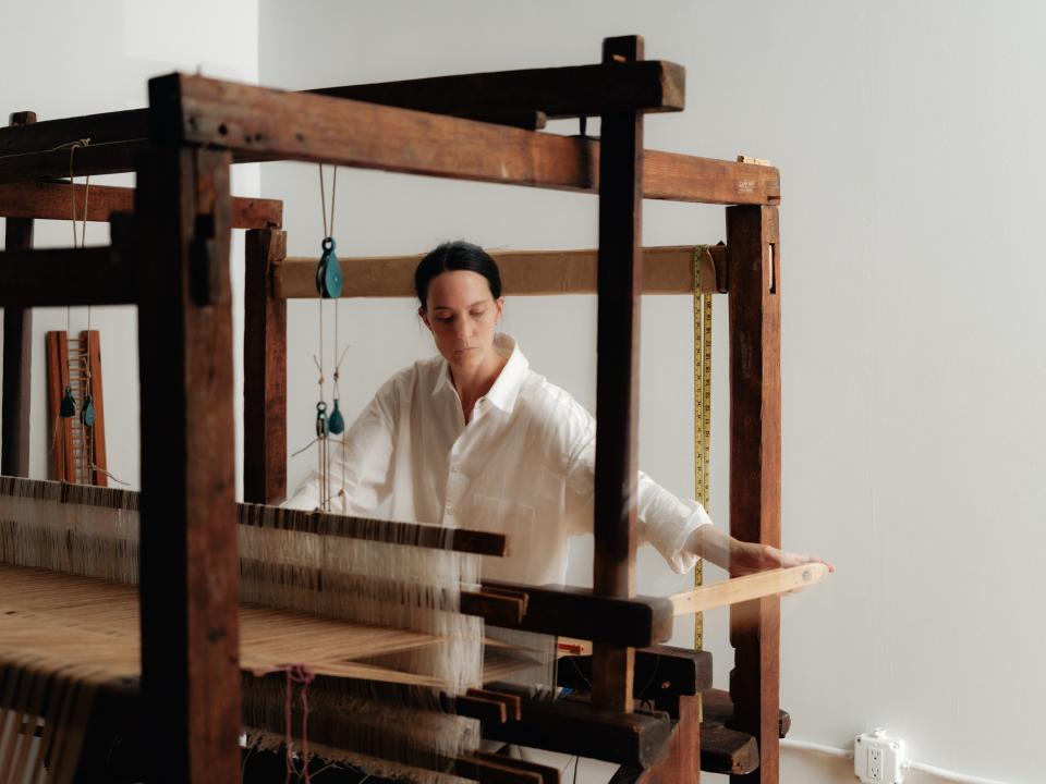 Marina Contro weaving rare cotton into fabric for an extremely limited-edition button-up shirt.