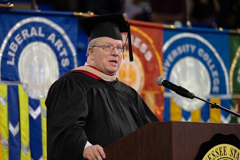 Middle Tennessee State University professor Robert Gordon, encourages graduates to "be true, be authentic, be transparent" as well as "True Blue" Aug. 6 at the university's summer commencement ceremony inside Murphy Center. MTSU presented 857 degrees to undergrad and graduate students during the event, which concludes the university's 111th academic year.