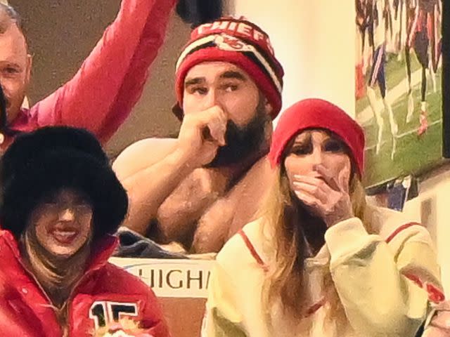 <p>Kathryn Riley/Getty </p> Brittany Mahomes, Jason Kelce, and Taylor Swift react during the second half of the AFC Divisional Playoff game between the Kansas City Chiefs and the Buffalo Bills at Highmark Stadium on January 21, 2024 in Orchard Park, New York.