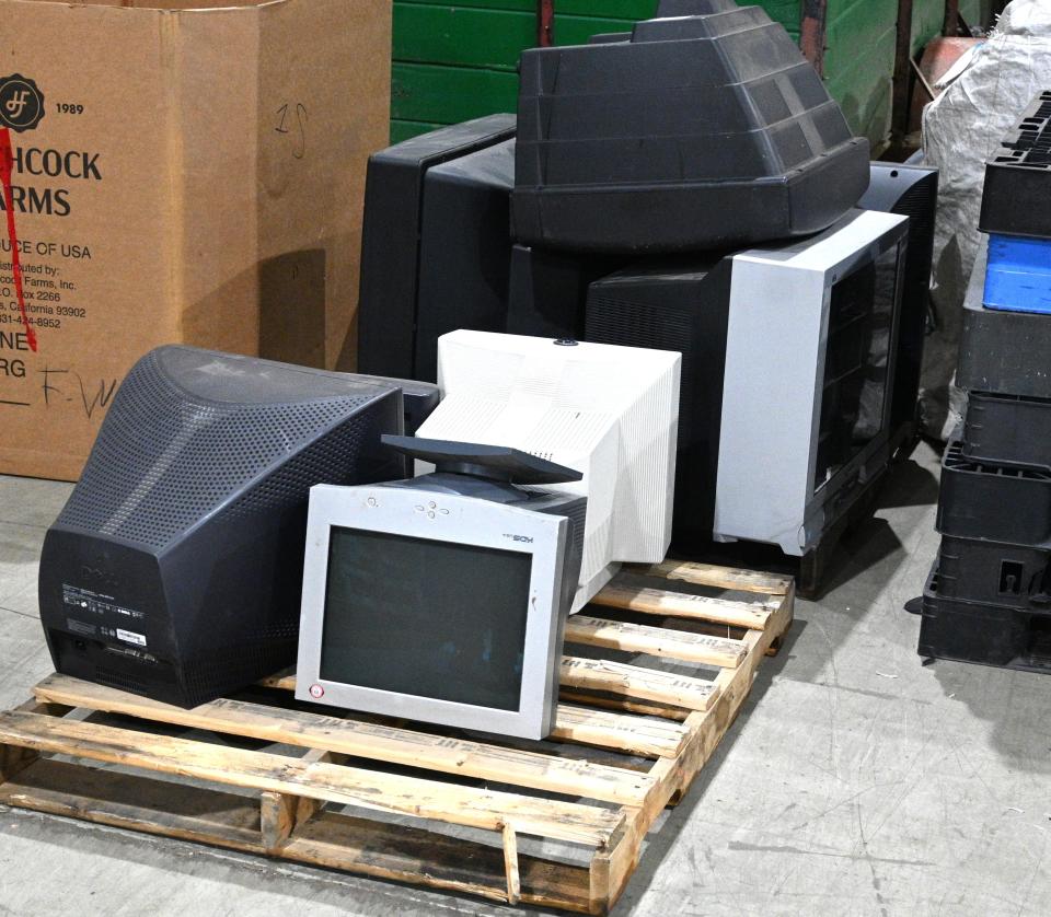 A pallet of old computer monitors considered hazardous waste dropped off for recycling under a joint grant with CBPU from EGLE.