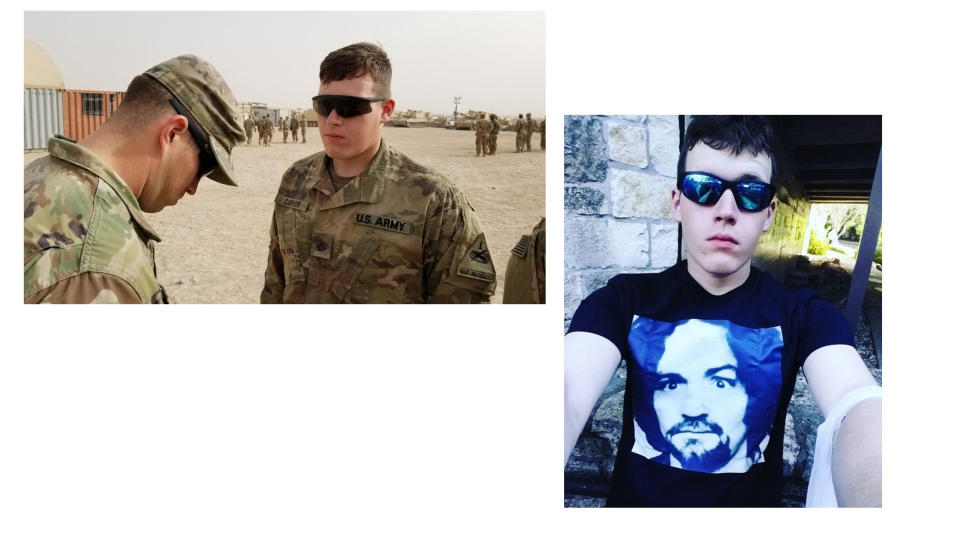 At left, a photo of&nbsp;Corwyn Storm Carver posted to the Facebook account of the 1st Armored Division. On the right, a selfie posted to an Instagram account connected to Carver, in which he wears a Charles Manson T-shirt. The neo-Nazi group Atomwaffen Division idolizes Charles Manson. (Instagram photo provided to HuffPost by Nate Thayer) (Photo: Facebook / Courtesy of Nate Thayer)