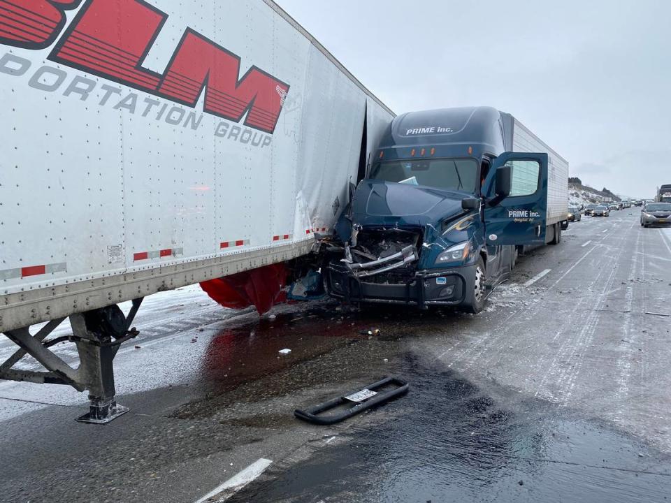 A three semi truck collision on Interstate 82 in Badger Canyon blocked the highway for a while on Wednesday.