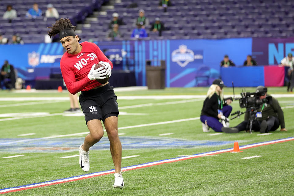 INDIANAPOLIS, INDIANA - MARCH 04: Puka Nacua of Brigham Young participates in a drill during the NFL Combine at Lucas Oil Stadium on March 04, 2023 in Indianapolis, Indiana. (Photo by Stacy Revere/Getty Images)