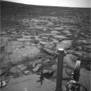 NASA's Opportunity Mars rover used its navigation camera to record this image of the northern end of "Solander Point," a raised section of the western rim of Endeavour Crater, on Aug. 8, 2013.