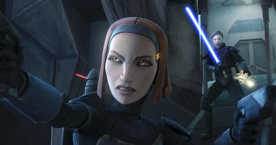 Bo-Katan in combat with Obi-Wan holding a lightsaber on a ship behind her from The Clone Wars