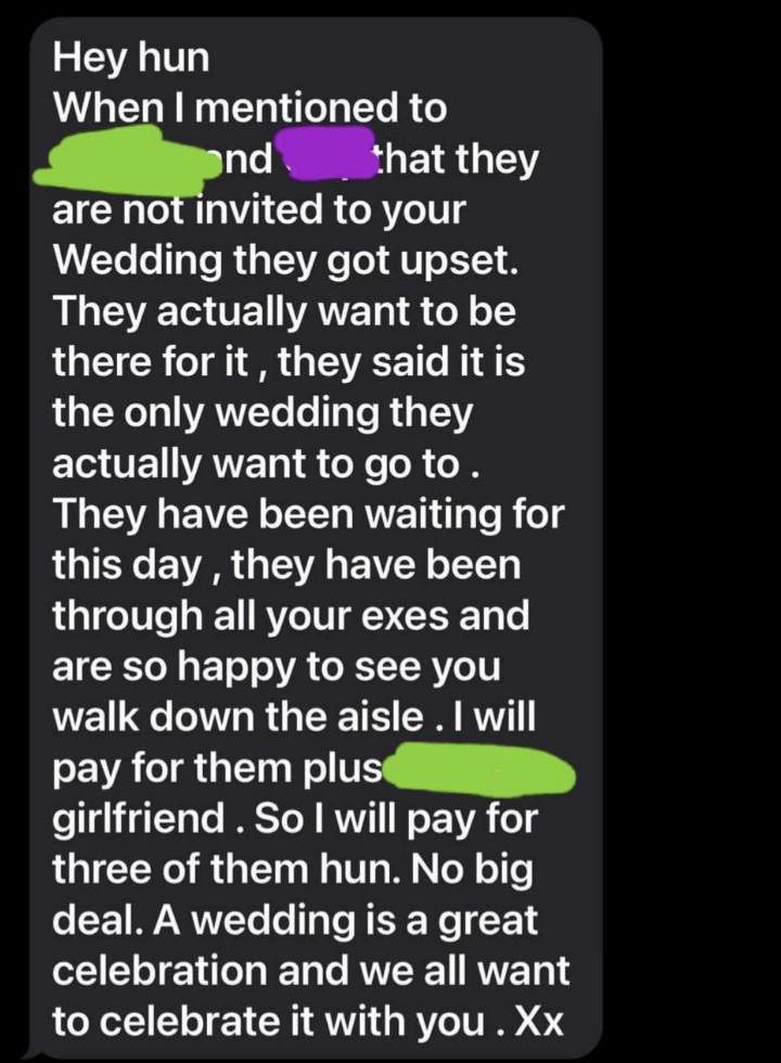 A long text message in which the mother of the bride tells, doesn't ask, her daughter that she'll be bringing three guests to the wedding who weren't invited