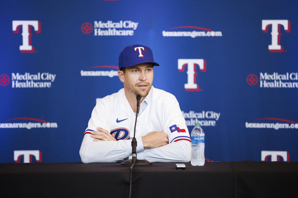 ARLINGTON, TX - DECEMBER 08: Jacob deGrom #48 of the Texas Rangers addresses the media at an introductory press conference at Globe Life Field on December 8, 2022 in Arlington, Texas. (Photo by Ben Ludeman/Texas Rangers/Getty Images)