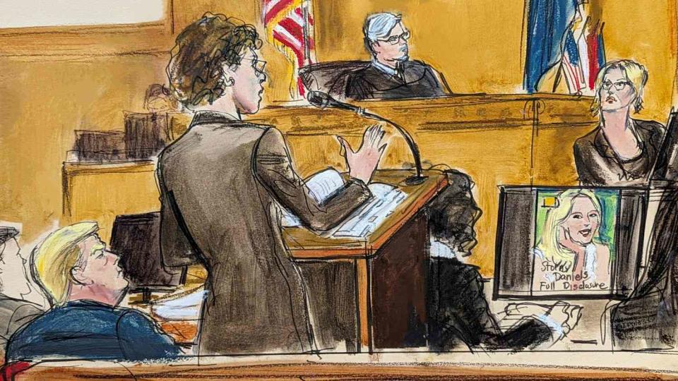 <p>Elizabeth Williams via AP</p> A courtroom sketch from May 7, 2024, of Donald Trump attorney Susan Necheles cross-examining witness Stormy Daniels