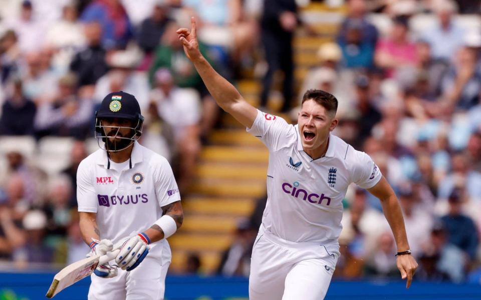 Cricket - Fifth Test - England v India - Edgbaston, Birmingham, Britain - July 1, 2022 England's Matthew Potts celebrates after taking the wicket of India's Hanuma Vihari - Jason Cairnduff/Action Images via Reuters