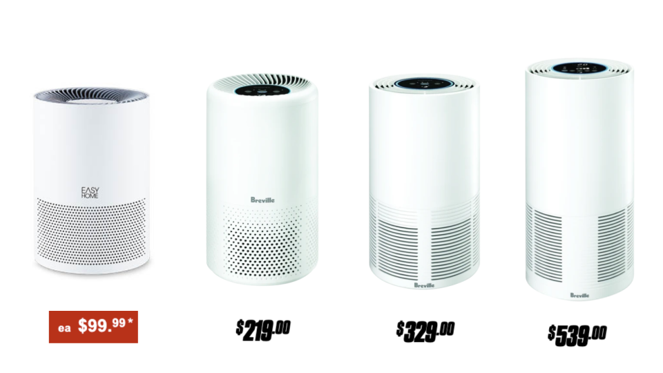 Air purifiers, left to right: Aldi's Easy Home Air Purifier; Breville's Easy Air Purifier; Breville's Smart Air Purifier; and Breville's Smart Air Plus Purifier. (Source: Aldi, The Good Guys)