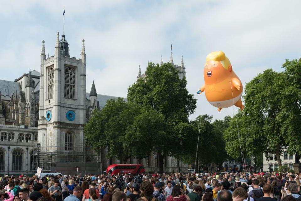 <p>Donald Trump just touched down in the UK, and protests, including the flying of an orange blimp depicting Trump as a crying baby, have been planned for the duration of his visit. The President's itinerary appears to have been scheduled with the demonstrations in mind, as he will be avoiding the capital as much as possible. Instead, he'll have tea with the Queen at <a rel="nofollow noopener" href="https://www.townandcountrymag.com/leisure/travel-guide/a20673535/travel-guide-windsor/" target="_blank" data-ylk="slk:Windsor Castle;elm:context_link;itc:0;sec:content-canvas" class="link ">Windsor Castle</a>, will tour Blenheim Palace, the 18th-century home where Winston Churchill grew up, and will attend an event at Chequers, the Prime Minister's official country residence. </p><p>Keep reading for more photos of the protests. </p>