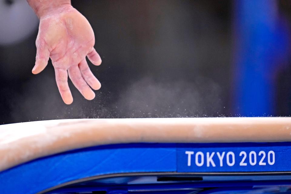 A detail view a gymnast's hand coming off the vault during the mens individual all-around final during the Tokyo 2020 Olympic Summer Games at Ariake Gymnastics Centre on July 28, 2021.