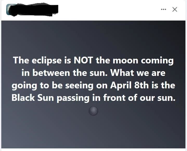 The image shows a social media post about an upcoming eclipse, incorrectly calling it the "Black Sun" passing in front of the sun