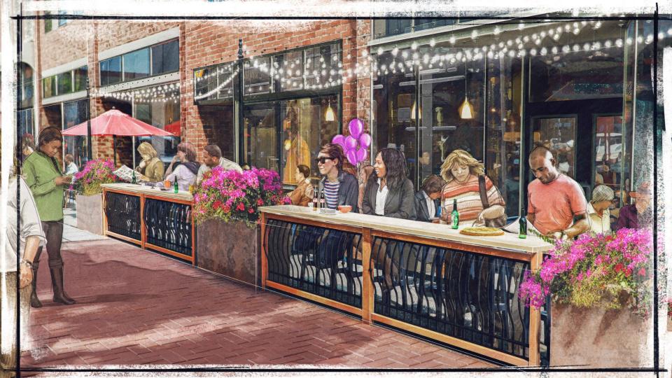 A conceptual rendering released by MDHA in May 2023 shows outdoor dining on Second Avenue, currently under construction in Nashville, Tenn.