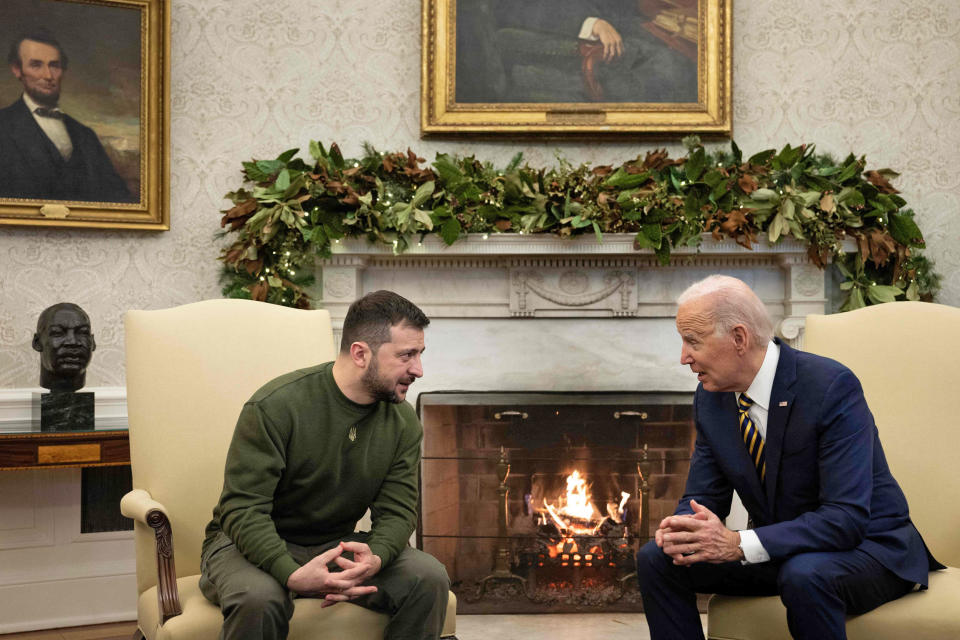 President Joe Biden and Ukraine's President Volodymyr Zelenskyy meet in the Oval Office on Dec. 21, 2022. (Brendan Smialowski / AFP - Getty Images)