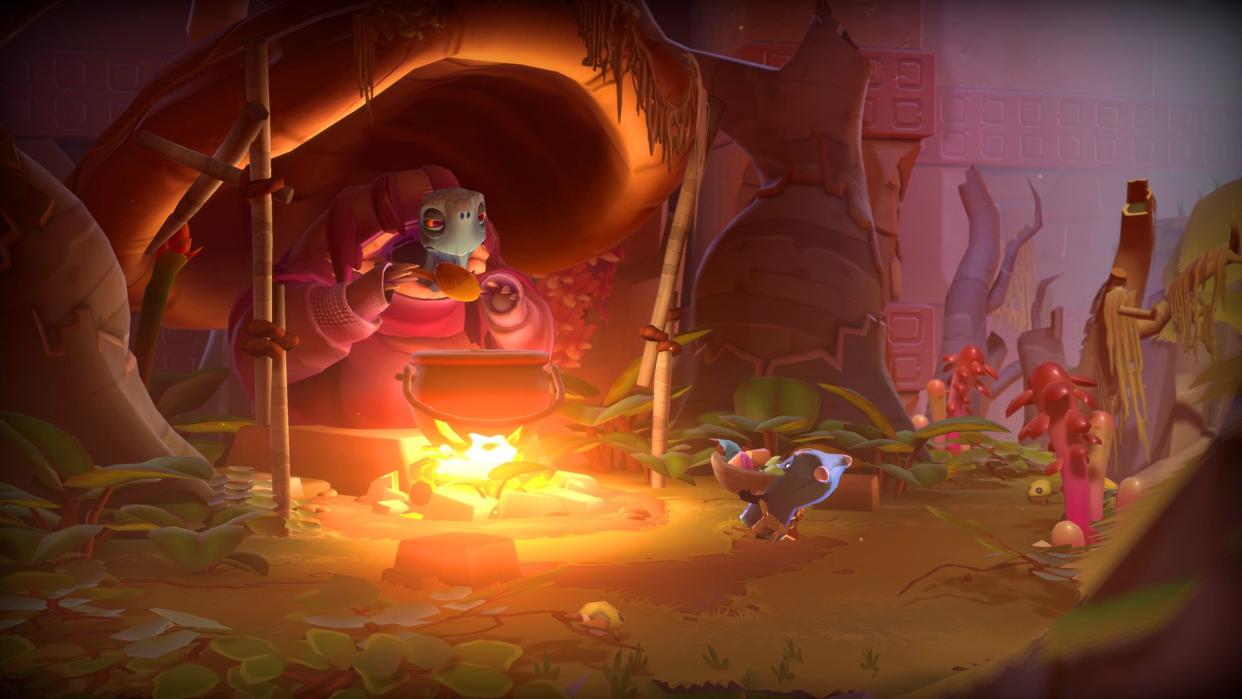  The Last Campfire screenshot showing a merchant eating over a campfire in a wooded grove. 