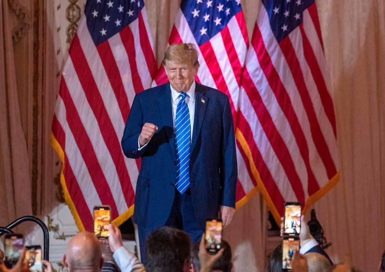 Former president Donald Trump speaks at an election-night watch party on Super Tuesday at Mar-a Lago on March 5, 2024 in Palm Beach, Florida.