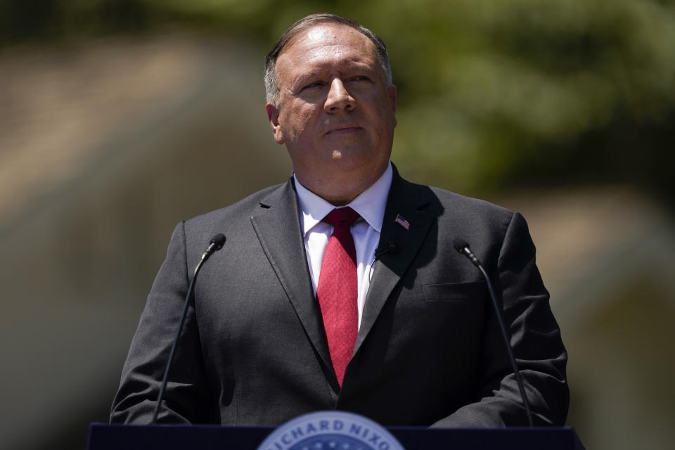 Secretary of State Mike Pompeo speaks at the Richard Nixon Presidential Library, Thursday, July 23, 2020, in Yorba Linda, Calif. (AP Photo/Ashley Landis, Pool)