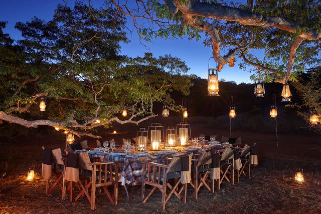 <p>Courtesy of Singita</p> Dinner by the trees at Singita, Luxury African Safari Lodges