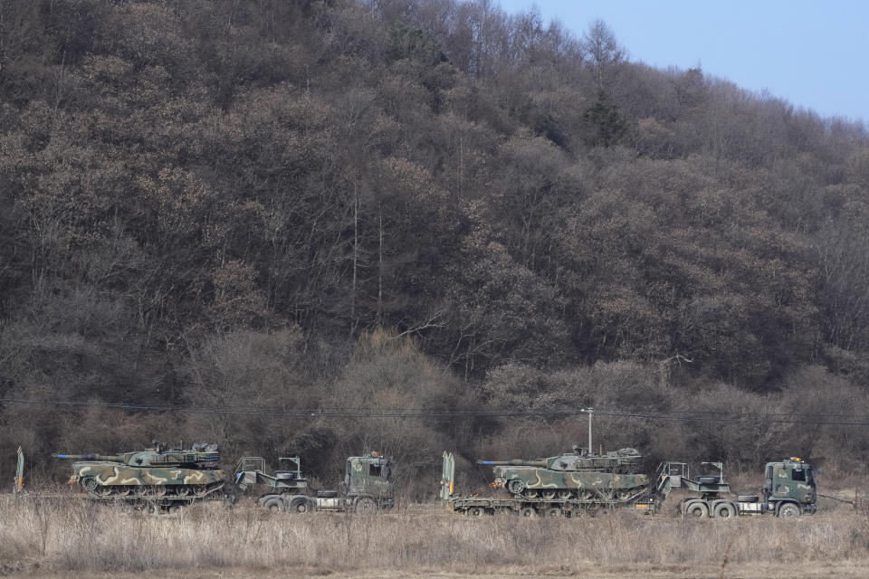 South Korean army tanks are seen in Paju, near the border with North Korea, South Korea, Thursday, Jan. 27, 2022. North Korea on Thursday fired two suspected ballistic missiles into the sea in its sixth round of weapons launches this month, South Korea's military said. (AP Photo/Ahn Young-joon)