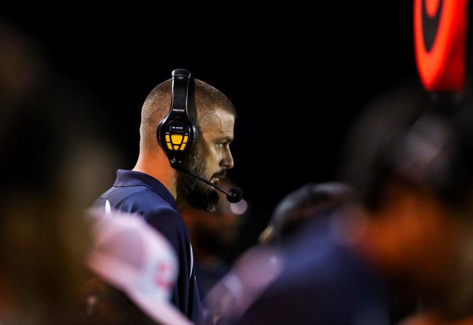 Desert Hot Springs Head Coach Roy Provost watches his team from the sideline during the third quarter of their game at Coachella Valley High School in Thermal, Calif., Friday, Sept. 22, 2023.