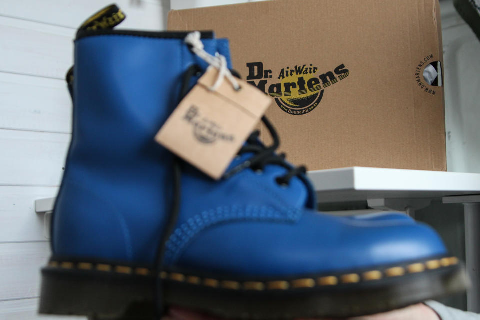 A pair of Dr. Martens 1460 Air Wair blue leather boots. Photo: Michal Fludra/NurPhoto via Getty Images