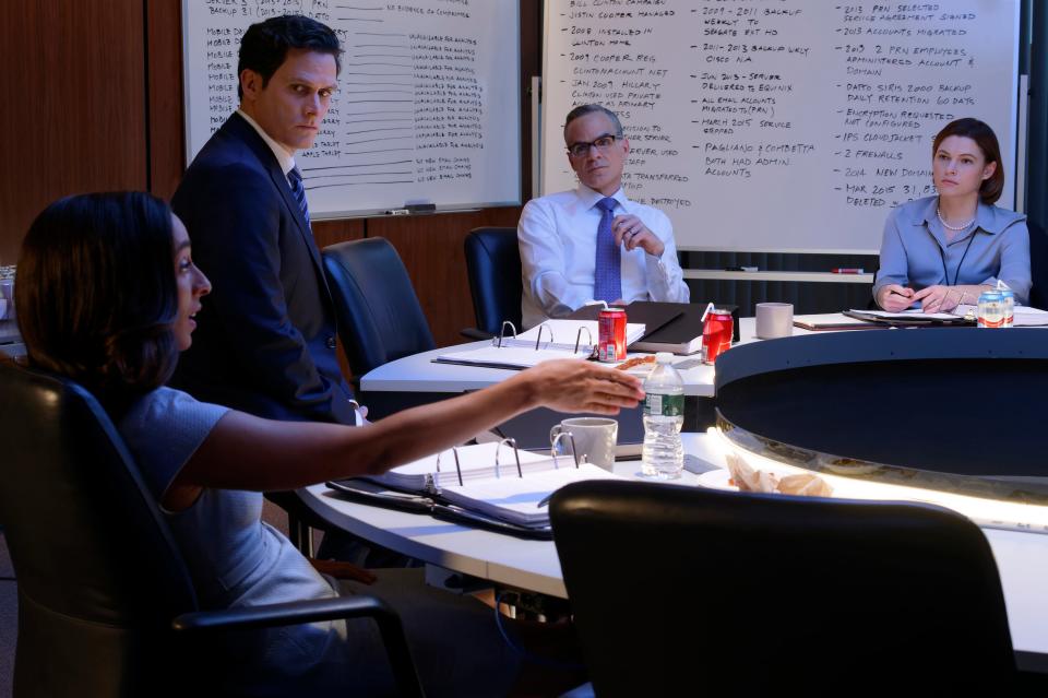 Lisa Page (Oona Chaplin), left, Peter Strzok (Steven Pasquale), Michael Kelly (Andrew McCabe) and Trisha Anderson (Amy Seimetz) are members of FBI Director James Comey's team in Showtime's 'The Comey Rule.'