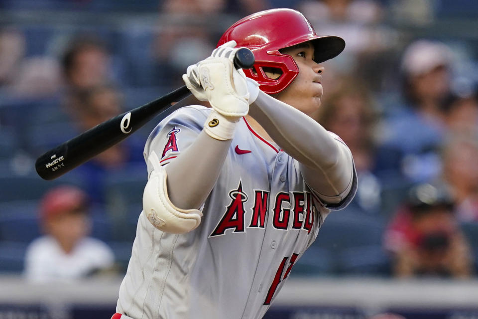 Los Angeles Angels' Shohei Ohtani watches his home run during the third inning of the team's baseball game against the New York Yankees on Tuesday, June 29, 2021, in New York. (AP Photo/Frank Franklin II)