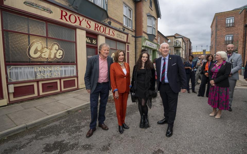 Nancy Pelosi and Sir Lindsay Hoyle with actors David Neilson and Mollie Gallagher (Peter Byrne/PA) (PA Wire)