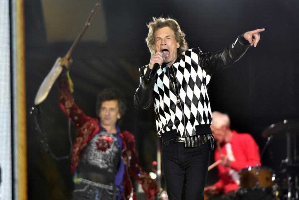 Ron Wood, left, and Mick Jagger, of the Rolling Stones perform during the "No Filter" tour at Soldier Field on Friday, June 21, 2019, in Chicago. (Photo by Rob Grabowski/Invision/AP)