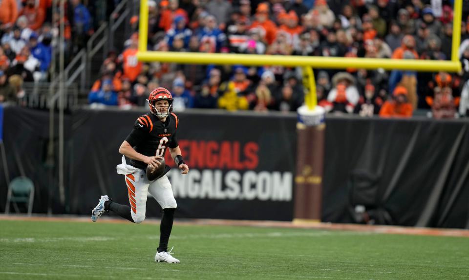 Cincinnati Bengals quarterback Jake Browning (6) runs the ball in the 4th quarter against the Indianapolis Colts Sunday, December 10, 2023, at Paycor Stadium in Cincinnati.