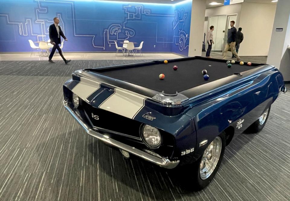 A late 1960s model Chevrolet Camaro SS 396 was made into a pool table for employees to use at the General Motors Cole Engineering Center at the Warren Technical Center In Warren on Dec 7, 2022.