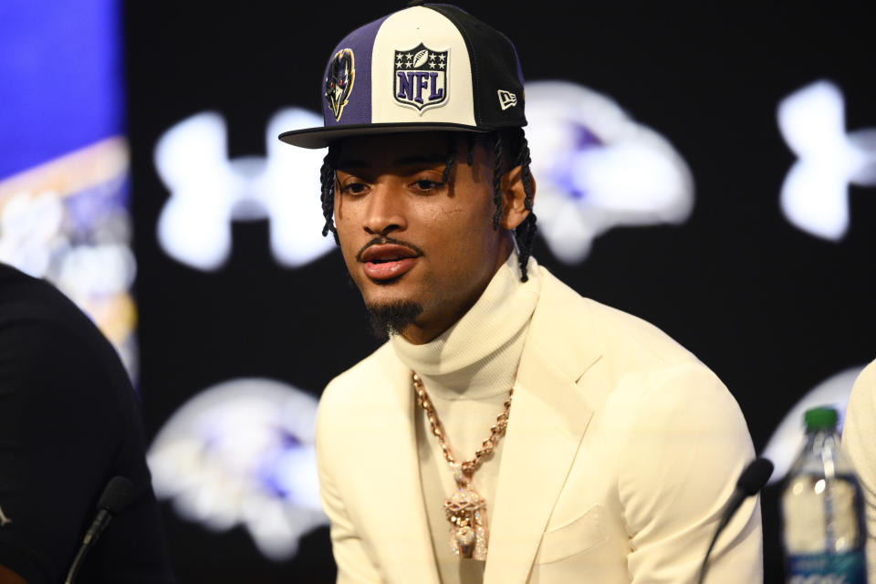 Baltimore Ravens first-round draft pick Nate Wiggins speaks during an NFL football news conference, Friday, April 26, 2024, in Owings Mills, Md. (AP Photo/Nick Wass)