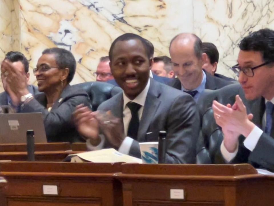 House Majority Whip Del. Jazz Lewis, D-Prince George's, claps during the General Assembly session on Feb. 15, 2023. Lewis is an alumnus of the page program the General Assembly has for the state's high school seniors.