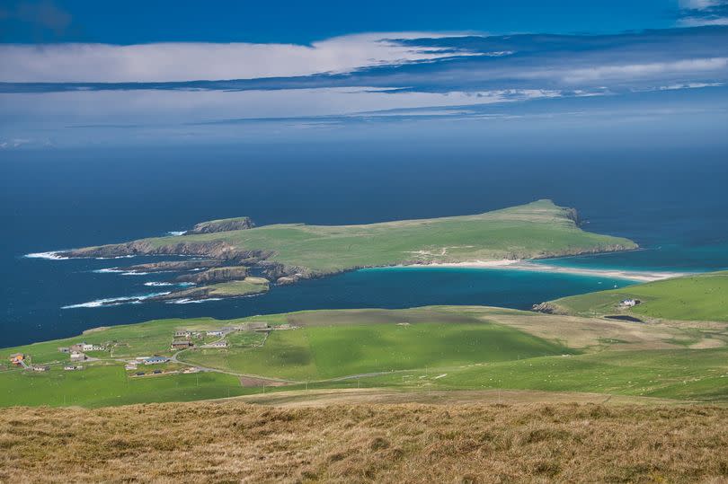 An aerial view of St Ninian's Isle on the west coast of Mainland, Shetland, UK. Taken from the Ward of Scousburgh on a clear, sunny day.